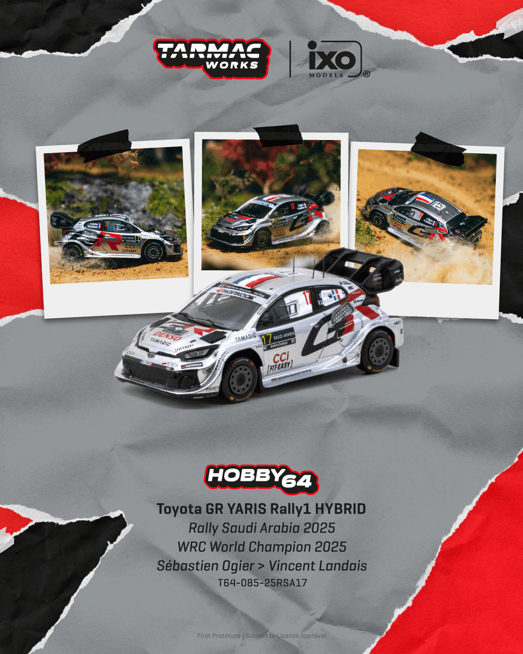 1/64 Tarmac Works 2025 Toyota GR YARIS Rally1 HYBRID Rally Saudi Arabia 2025 WRC World Champion 2025 Sébastien Ogier, Vincent Landais Diecast Car Model