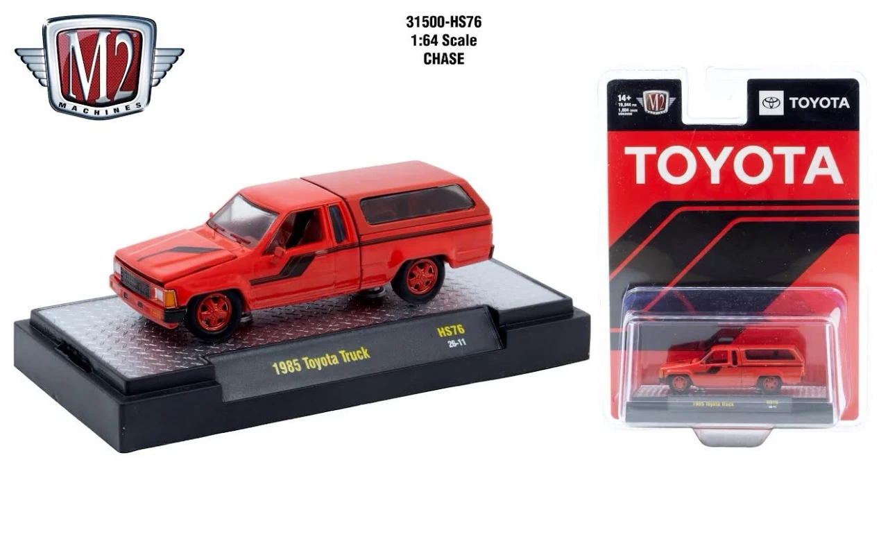 CHASE CAR 1/64 M2 Machines 1985 Toyota Truck with Camper Shell (Red) Diecast Car Model