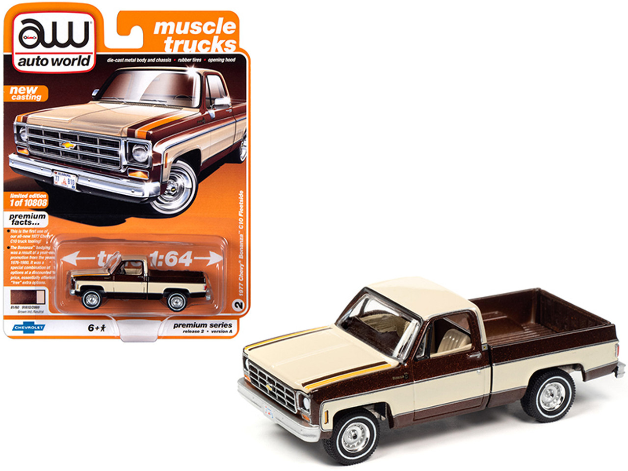 1977 Chevrolet Bonanza C10 Fleetside Pickup Truck Dark Brown Metallic and Cream with Yellow Stripes "Muscle Trucks" Limited Edition to 10,808 pieces Worldwide 1/64 Diecast Model Car by Autoworld