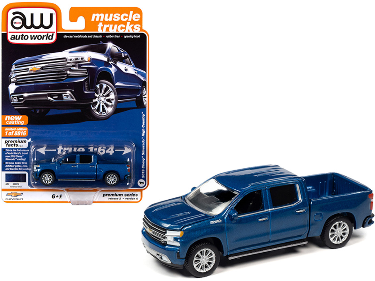 2019 Chevrolet Silverado High Country Pickup Truck Northsky Blue Metallic "Muscle Trucks" Limited Edition to 8,816 pieces Worldwide 1/64 Diecast Model Car by Autoworld