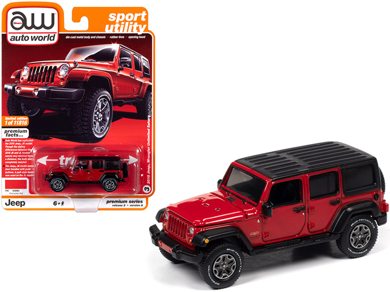 2018 Jeep Wrangler Unlimited Sahara (4-door) Firecracker Red with Black Top "Sport Utility" Limited Edition to 11,816 pieces Worldwide 1/64 Diecast Model Car by Autoworld