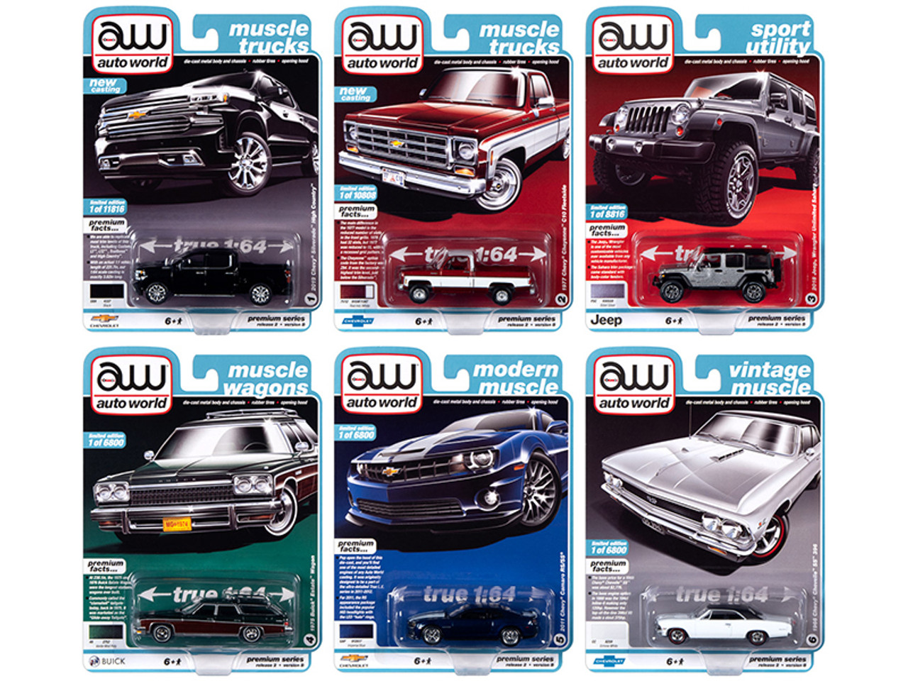 Autoworld Muscle Cars Premium 2020 Release 2, Set B of 6 pieces 1/64 Diecast Model Cars by Autoworld