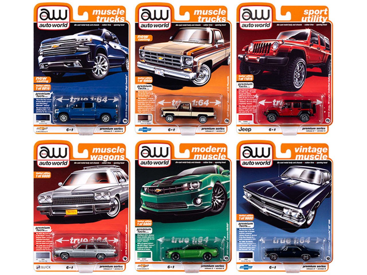 Autoworld Muscle Cars Premium 2020 Release 2, Set A of 6 pieces 1/64 Diecast Model Cars by Autoworld