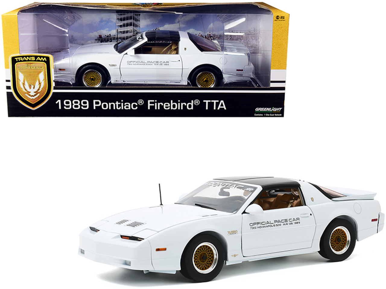 1989 Pontiac Firebird Turbo Trans Am TTA Official Pace Car White "73rd Indianapolis 500" "Trans Am 20th Anniversary" 1/18 Diecast Model Car by Greenlight