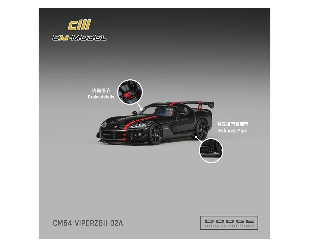 1/64 CM Model Dodge Viper ARC (ZBI) (Black with Viper Red Racing Stripes) Diecast Car Model
