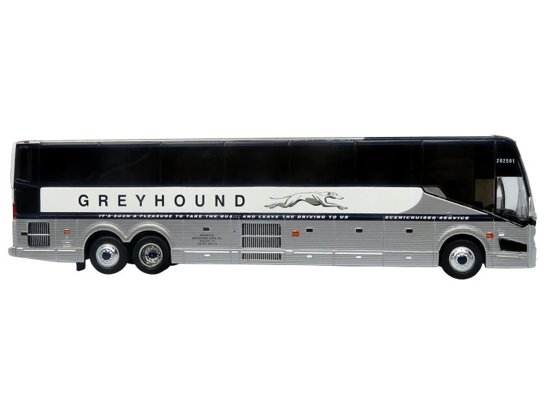 Prevost H3-45 Coach Bus "Greyhound Scenicruiser Service" White and Raw Metal "The Bus & Motorcoach Collection" Limited Edition to 504 pieces Worldwide 1/87 (HO) Scale Diecast Model by Iconic Replicas
