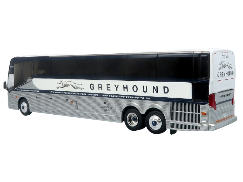 Prevost H3-45 Coach Bus "Greyhound Scenicruiser Service" White and Raw Metal "The Bus & Motorcoach Collection" Limited Edition to 504 pieces Worldwide 1/87 (HO) Scale Diecast Model by Iconic Replicas