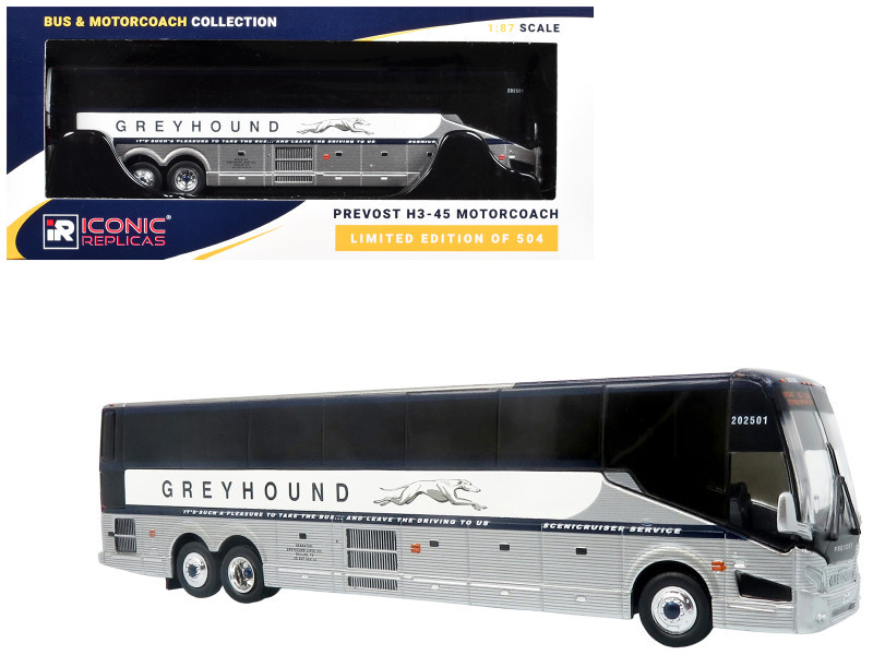 Prevost H3-45 Coach Bus "Greyhound Scenicruiser Service" White and Raw Metal "The Bus & Motorcoach Collection" Limited Edition to 504 pieces Worldwide 1/87 (HO) Scale Diecast Model by Iconic Replicas