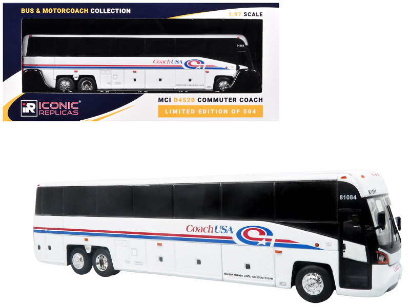 MCI D4520 Commuter Coach Bus "Coach USA" White with Blue and Red Stripes "The Bus & Motorcoach Collection" Limited Edition to 504 pieces Worldwide 1/87 (HO) Scale Diecast Model by Iconic Replicas