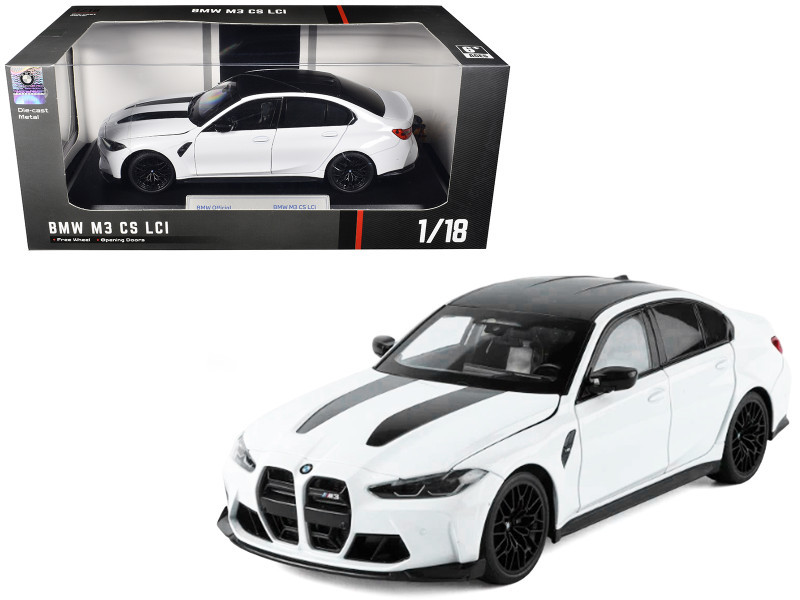 BMW M3 CS LCI White Metallic with Matt Black Top and Hood Stripes 1/18 Diecast Model Car by Heimanba