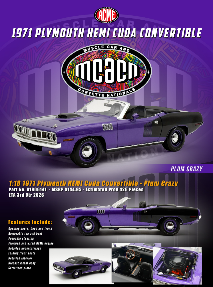 1/18 ACME 1971 Plymouth HEMI Cuda Convertible (Plum Crazy Purple) Diecast Car Model