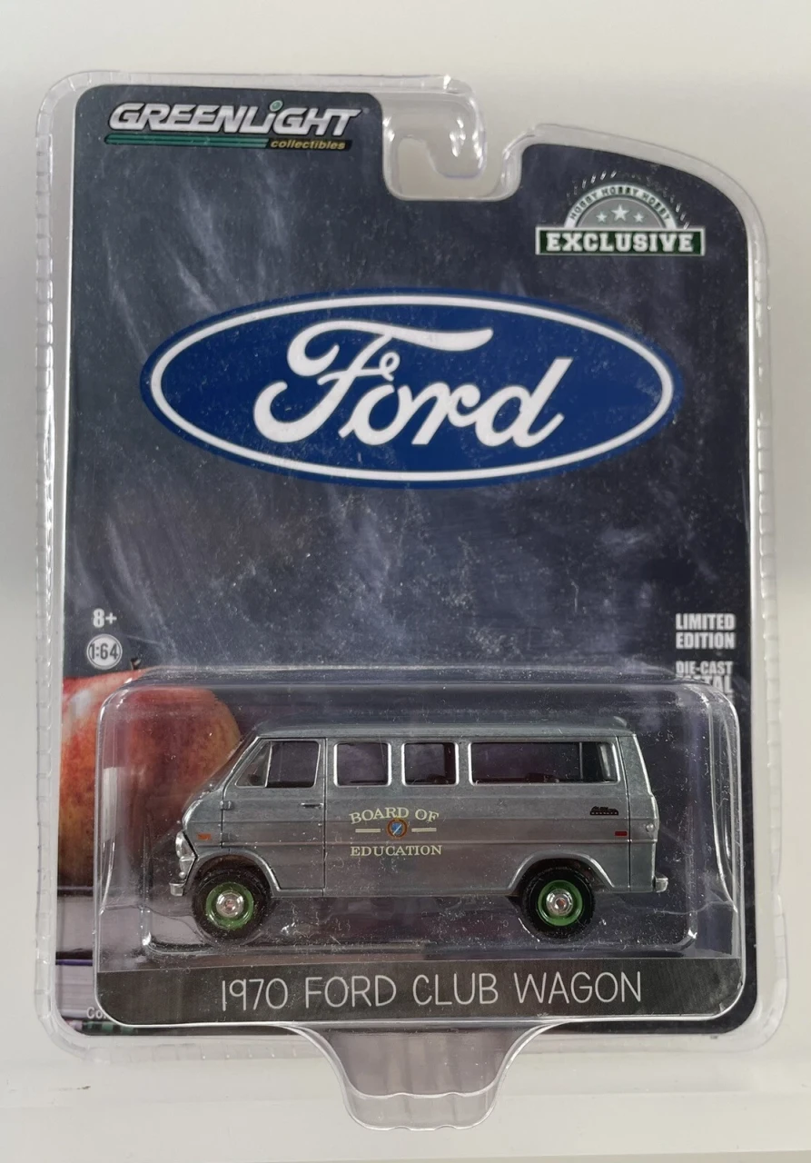 CHASE CAR 1/64 Greenlight 1970 Ford Club Wagon Van (Chrome Silver with Green Wheels) "Board of Education" Diecast Car Model