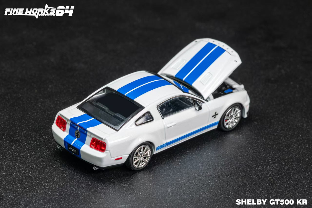 1/64 Fine Work64 2008 Ford Mustang Shelby GT500 KR (White with Blue Stripes) Diecast Car Model