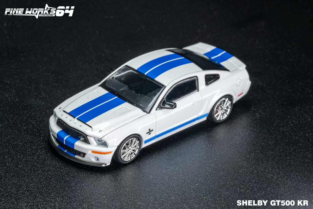 1/64 Fine Work64 2008 Ford Mustang Shelby GT500 KR (White with Blue Stripes) Diecast Car Model