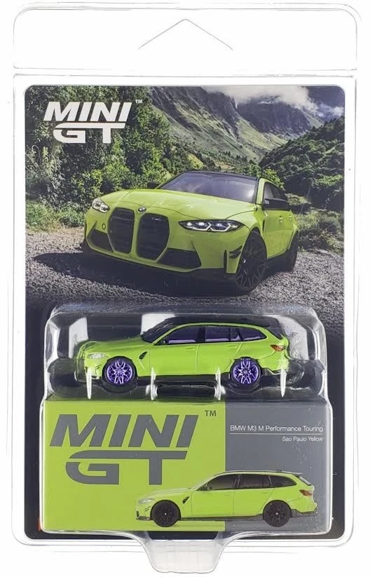 CHASE CAR 1/64 Mini GT BMW M3 Touring G81 M Performance Touring (Sao Paulo Yellow with Purple Wheels) Diecast Car Model