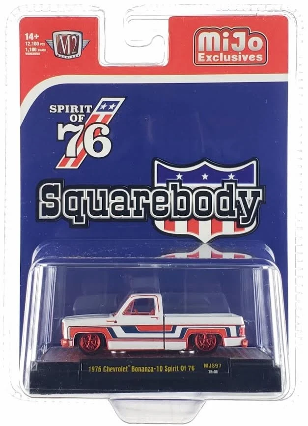 CHASE CAR 1/64 M2 Machines 1976 Chevrolet Silverado Bonanza-10 SPIRIT OF 76 Squarebody USA Special Edition (White) Diecast Car Model