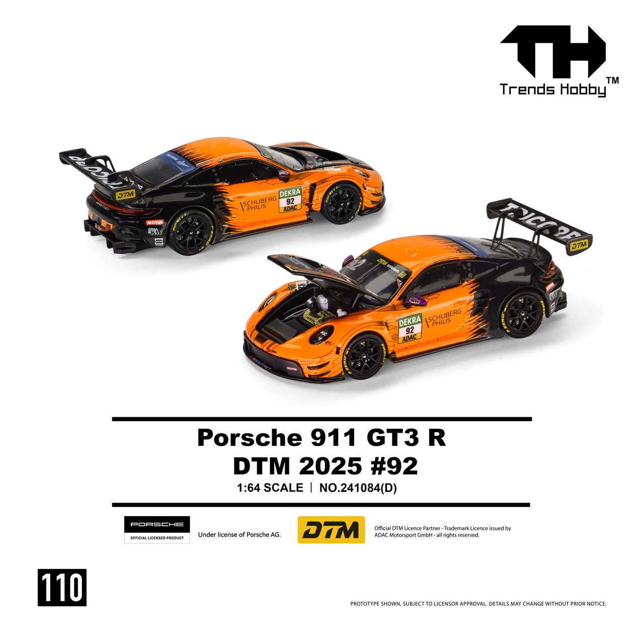 1/64 Trends Hobby 2025 Porsche 911 GT3 R DTM #92 (Orange & Black) Diecast Car Model