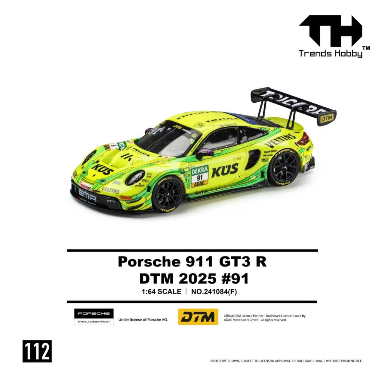 1/64 Trends Hobby 2025 Porsche 911 GT3 R DTM #91 (Yellow) Diecast Car Model