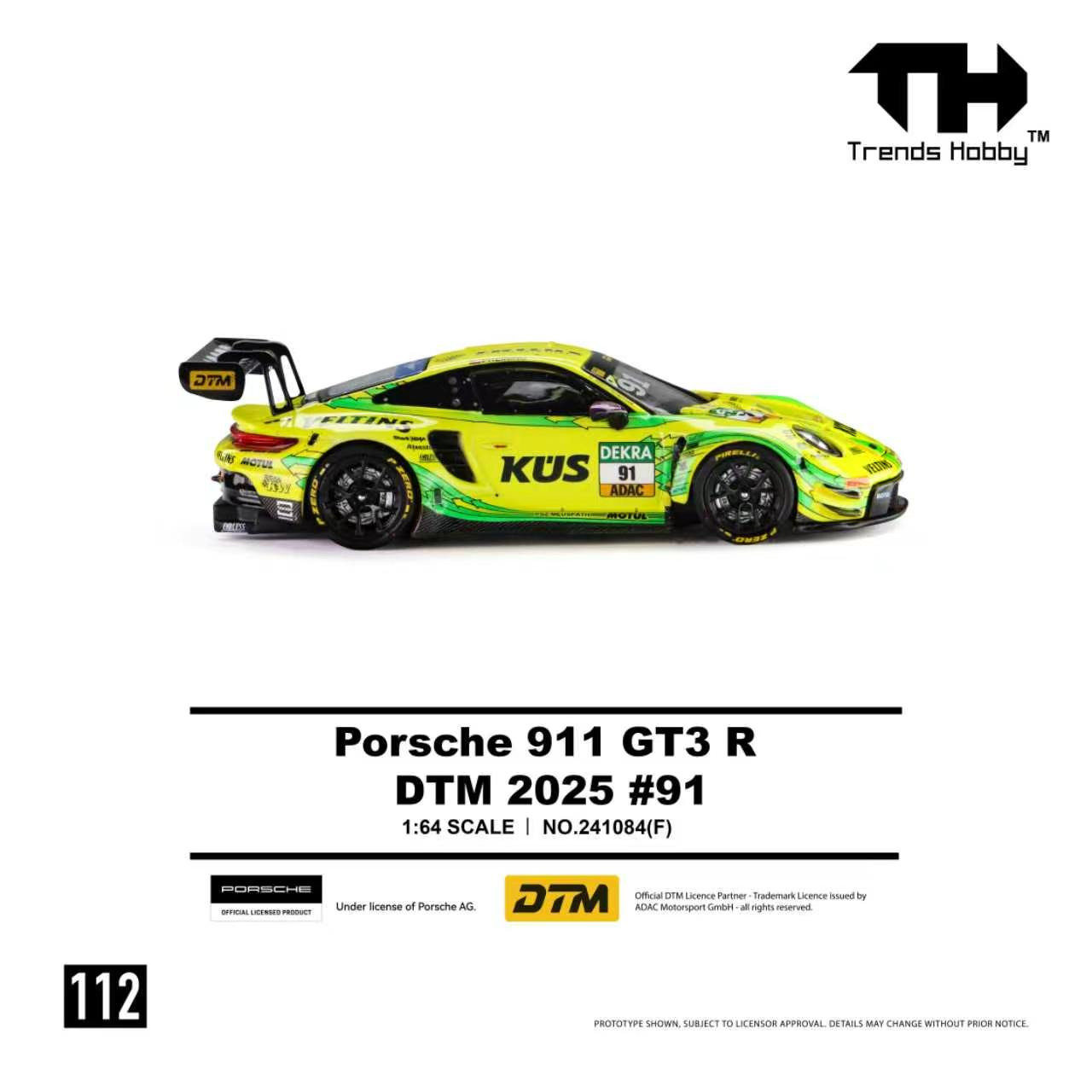 1/64 Trends Hobby 2025 Porsche 911 GT3 R DTM #91 (Yellow) Diecast Car Model