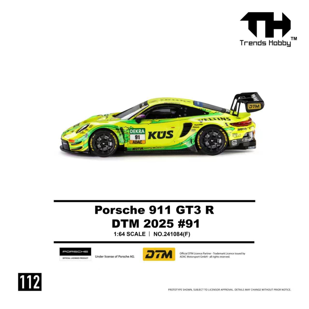1/64 Trends Hobby 2025 Porsche 911 GT3 R DTM #91 (Yellow) Diecast Car Model