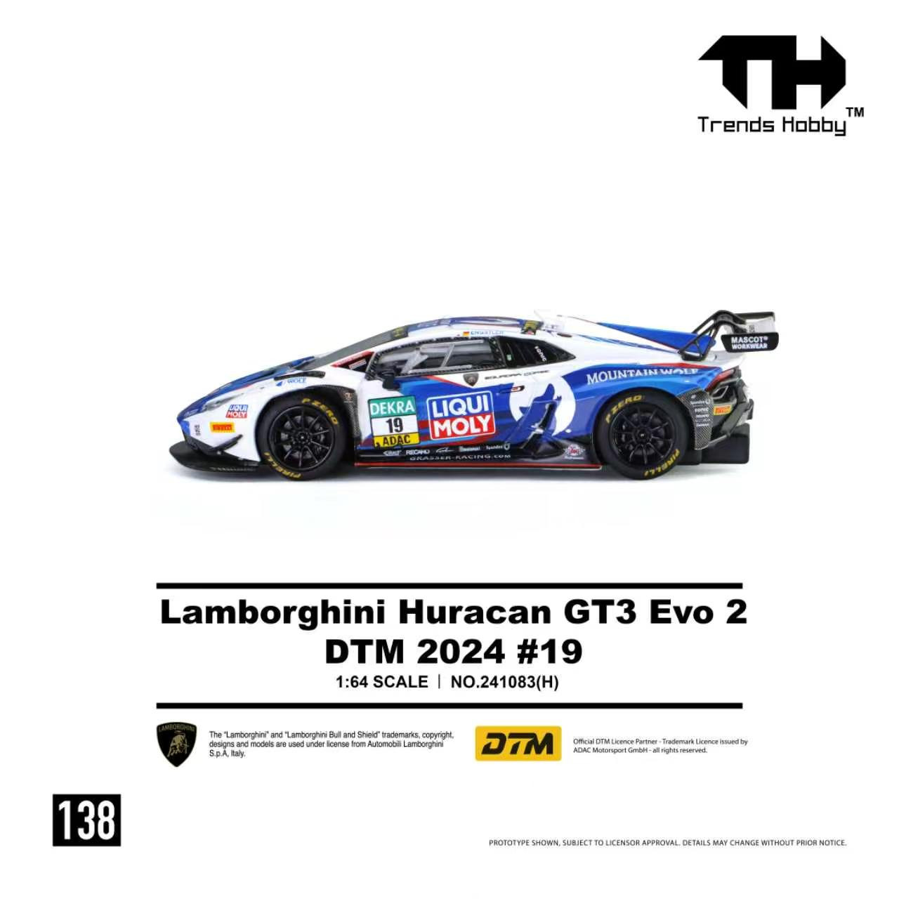 1/64 Trends Hobby 2024 Lamborghini Huracan GT3 Evo 2 DTM #19 Diecast Car Model