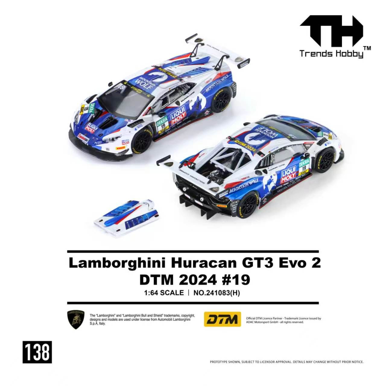 1/64 Trends Hobby 2024 Lamborghini Huracan GT3 Evo 2 DTM #19 Diecast Car Model