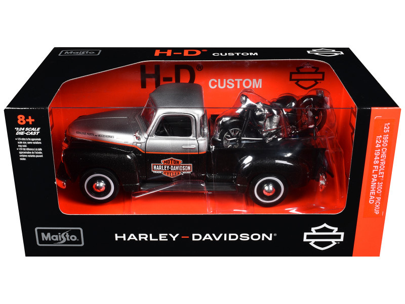 1950 Chevrolet 3100 Pickup Truck "Harley Davidson" Silver Metallic and Black with 1948 Harley Davidson FL Panhead Motorcycle Black "HD Custom" Series 1/24 Diecast Models by Maisto