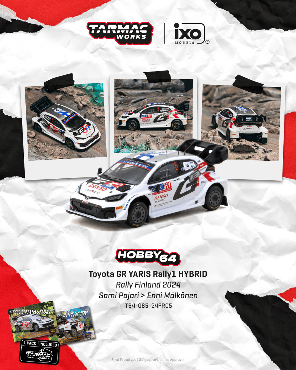 1/64 Tarmac Works 2024 Toyota GR Yaris Rally1 Hybrid Rally Finland Sami Pajari, Enni Mälkönen Diecast Car Model with 1 Pack of 2 Collectible Trading Cards