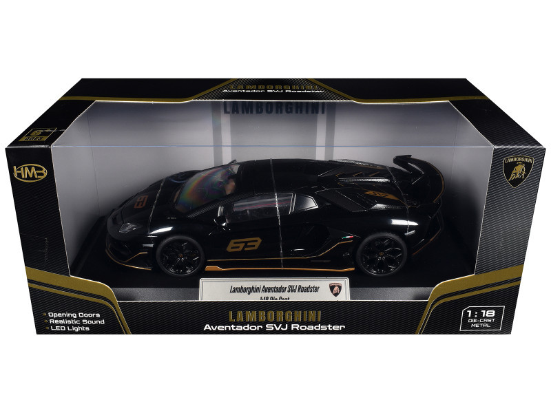 Lamborghini Aventador SVJ Roadster Black with Carbon Top and Gold Accents 1/18 Diecast Model Car by Heimanba