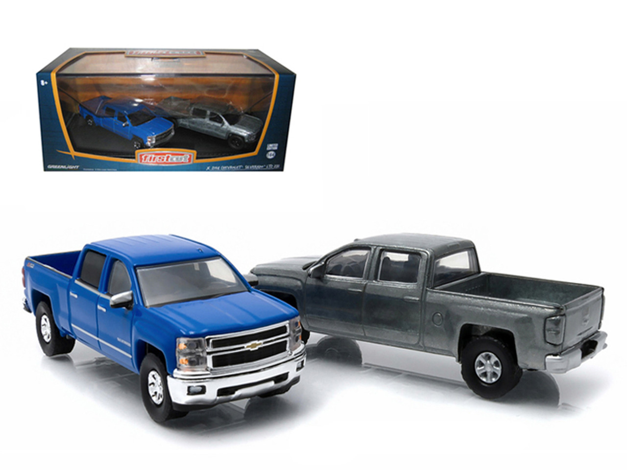 2014 Chevrolet Silverado LTZ Pickup Trucks 2 Piece Set Blue and Raw Metal Versions "First Cut" 1/64 Diecast Model Cars by Greenlight