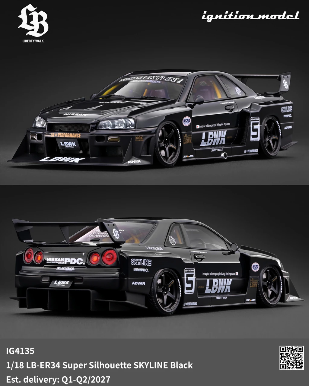 1/18 IG Ignition Model Nissan Skyline GT-R R34 LB-ER34 Super Silhouette SKYLINE (Black) Car Model