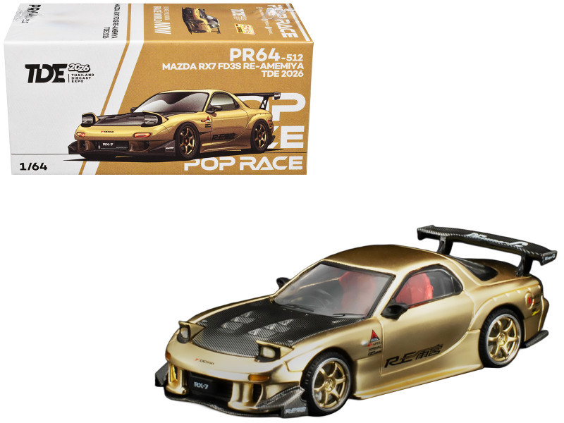Mazda RX7 (FD3S) RE Amemiya RHD (Right Hand Drive) Gold Metallic with Carbon Hood "Thailand Diecast Expo 2026" 1/64 Diecast Model Car by Pop Race