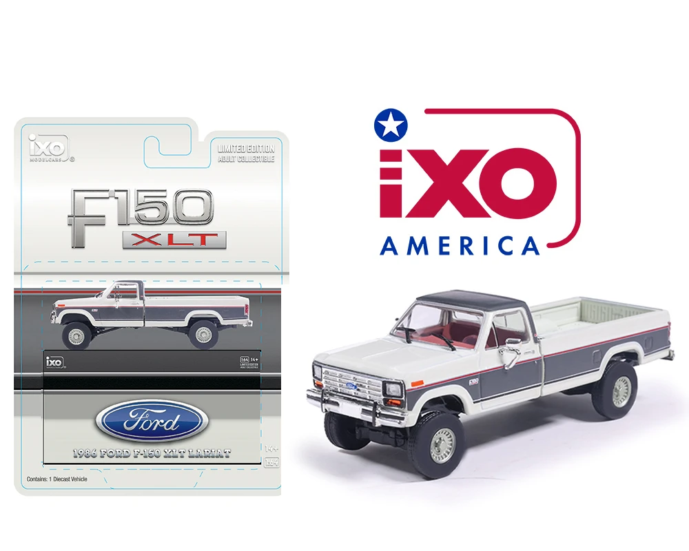 1/64 Ixo 1986 Ford F-150 XLT Lariat Long Bed Styleside 4×2 (Two-Tone Colonial White & Dark Grey Metallic) Diecast Car Model