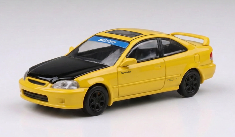 1/64 Paragon 1999 Honda Civic Si Coupe EM1 (Yellow with Carbon Black Hood) Diecast Car Model