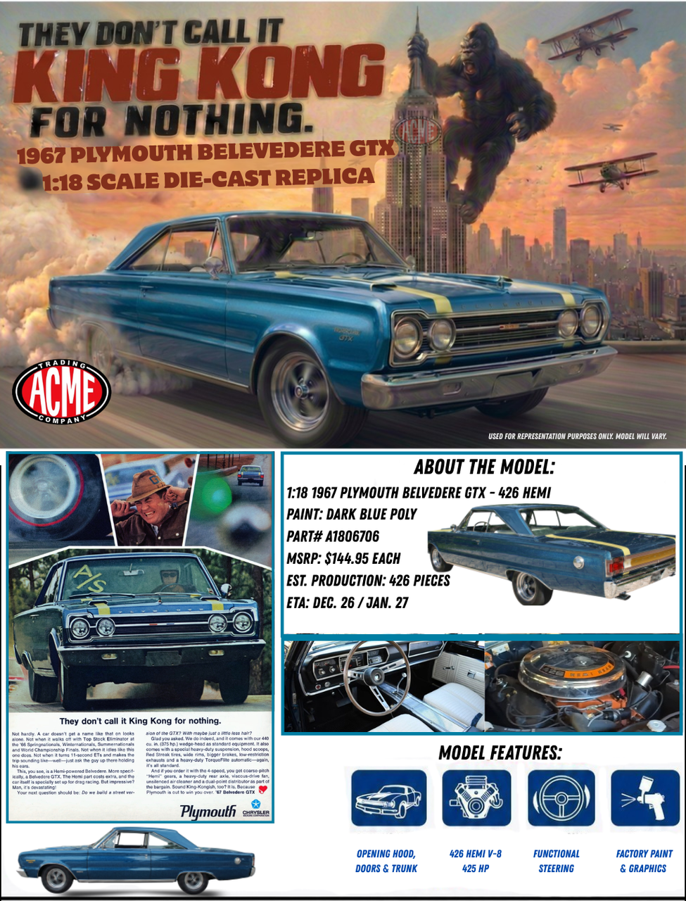 1/18 ACME 1967 Plymouth Belvedere GTX (Blue) Movie "King Kong" Diecast Car Model Limited 426 Pieces