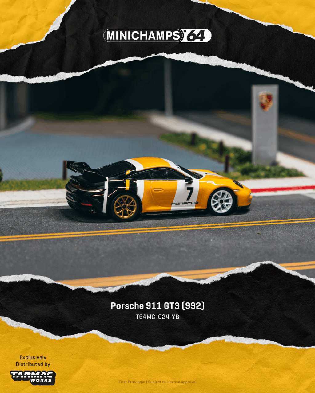 1/64 Tarmac Works Porsche 911 GT3 (992) (Yellow & Black) Diecast Car Model