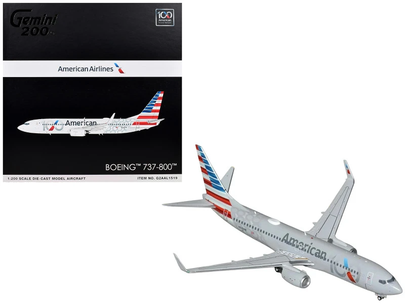 Boeing 737-800 Commercial Aircraft "American Airlines 100th Anniversary 2026" (N840NN) Gray with Tail Stripes "Gemini 200" Series 1/200 Diecast Model Airplane by GeminiJets