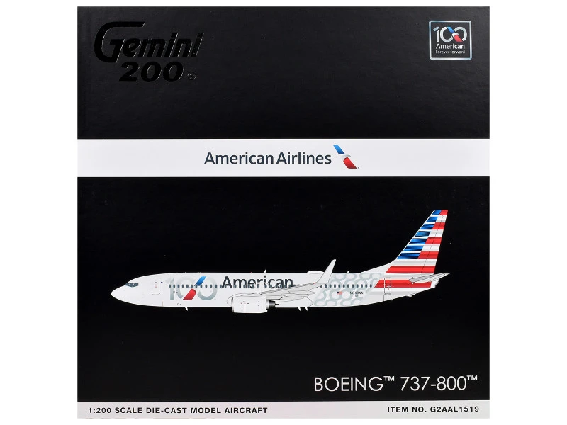 Boeing 737-800 Commercial Aircraft "American Airlines 100th Anniversary 2026" (N840NN) Gray with Tail Stripes "Gemini 200" Series 1/200 Diecast Model Airplane by GeminiJets