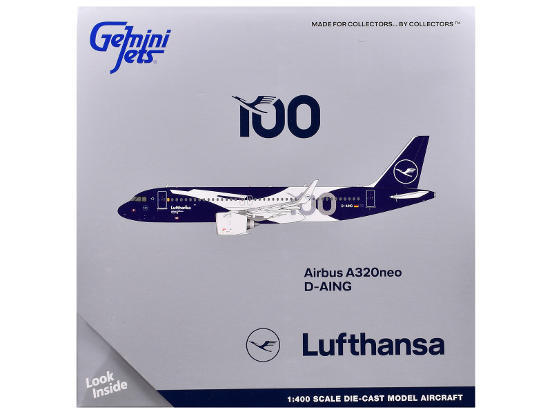Airbus A320neo Commercial Aircraft "Lufthansa 100th Anniversary" (D-AING) White and Dark Blue 1/400 Diecast Model Airplane by GeminiJets