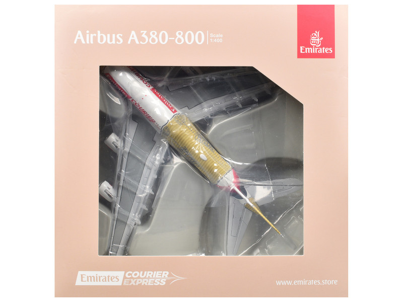 Airbus A380-800 Commercial Aircraft "Emirates Courier Express" (A6-EET) White with Tail Stripes and Package Graphics 1/400 Diecast Model Airplane by GeminiJets