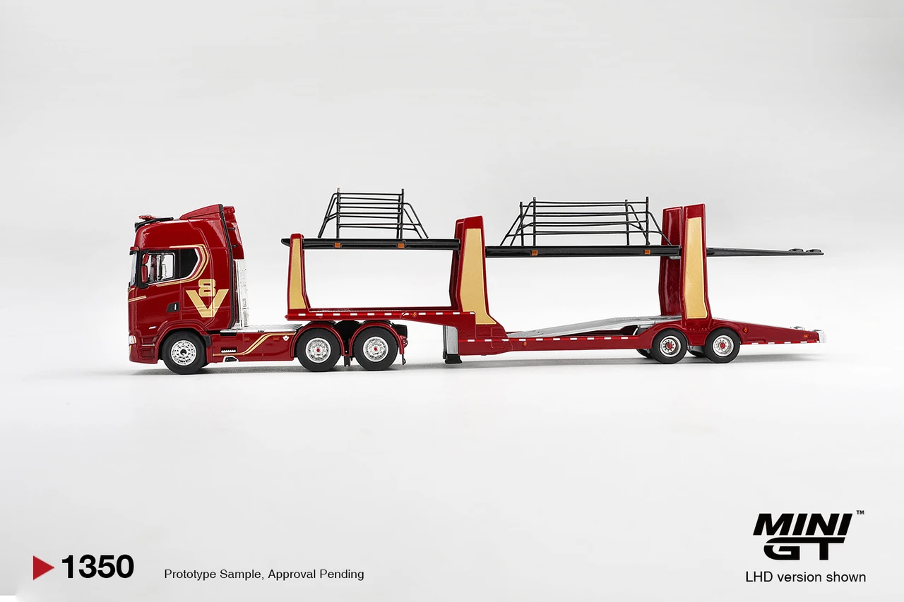 1/64 Mini GT Scania 770S A6x4NA Car Transporter V8 50th Anniversary (Red) with Double Level Car Transporter Diecast Car Model