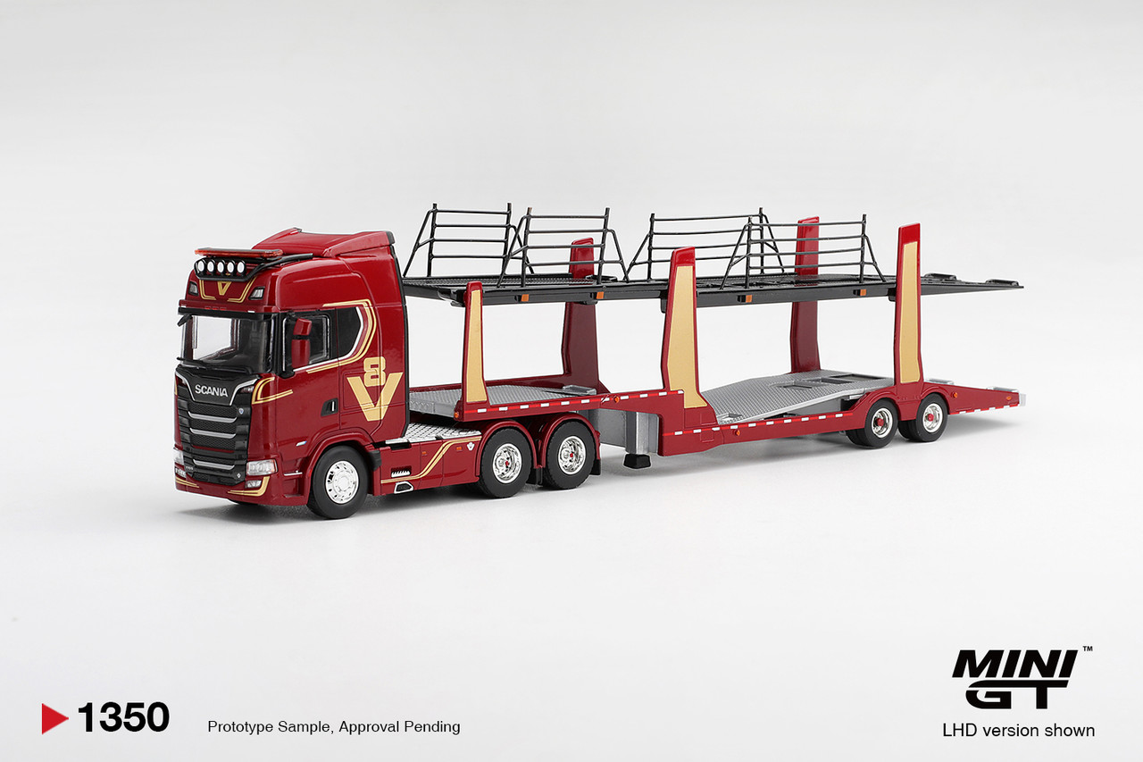 1/64 Mini GT Scania 770S A6x4NA Car Transporter V8 50th Anniversary (Red) with Double Level Car Transporter Diecast Car Model