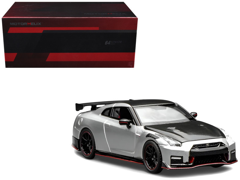 2022 Nissan GT-R Nismo (R35) RHD (Right Hand Drive) Ultimate Metal Silver Metallic with Carbon Hood and Top "Senior 64" Series 1/64 Diecast Model Car by MotorHelix