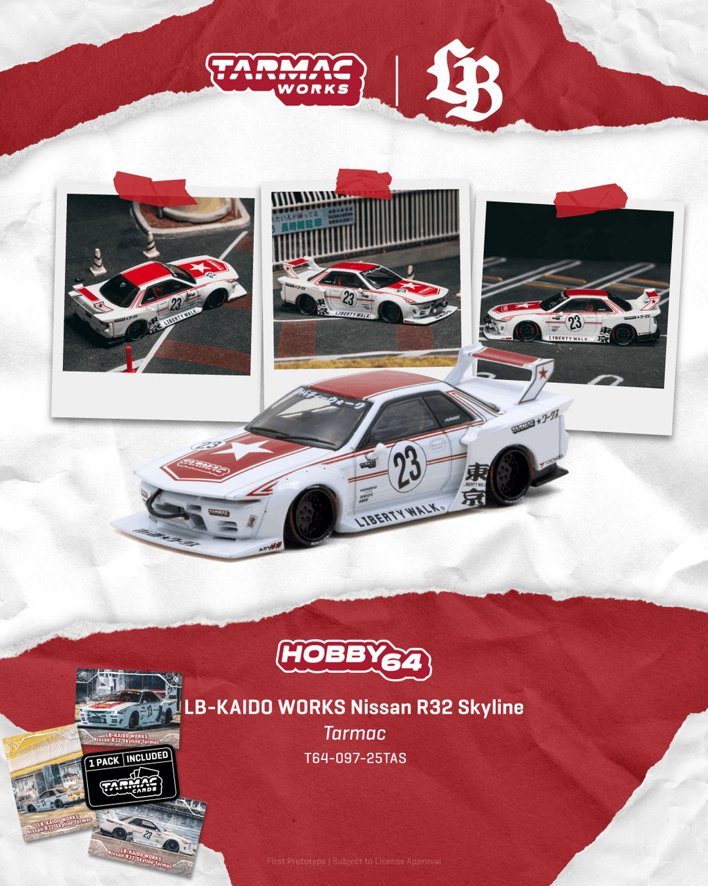 1/64 Tarmac Works LB-KAIDO WORKS Nissan R32 Skyline #23 (White & Red) Diecast Car Model with 1 Pack of 3 Collectible Trading Cards