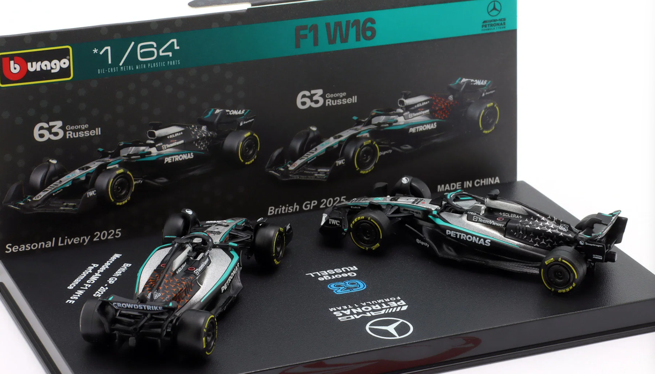 1/64 BBurago 2025 F1 2-Car Set George Russell Mercedes-AMG F1 W16 #63 Diecast Car Model