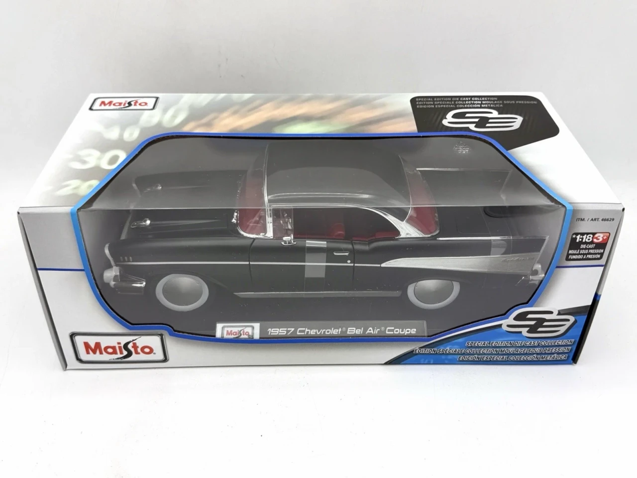 1/18 Maisto 1957 Chevrolet Bel Air Coupe (Black with Red Interior) Mooneyes Style Disc Tire Diecast Car Model