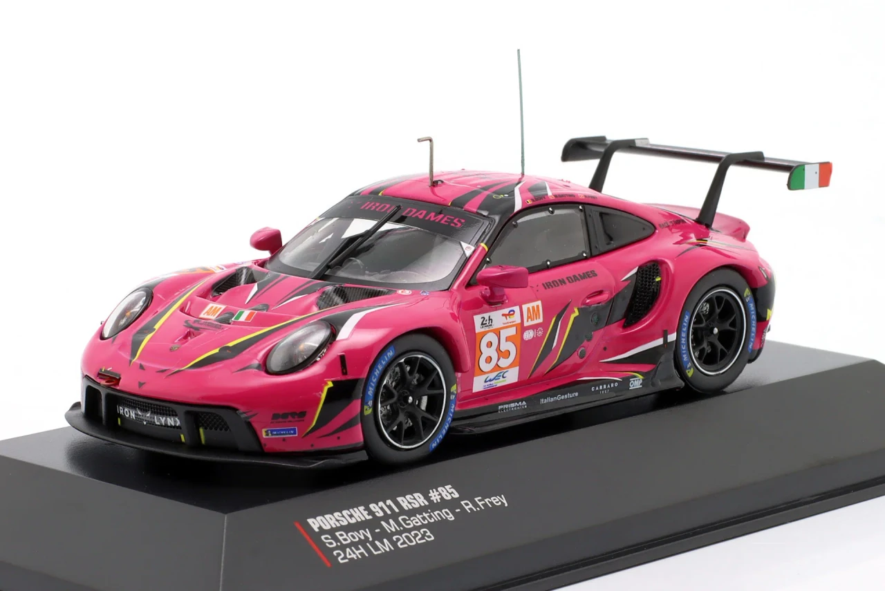 1/43 Ixo 2023 Porsche 911 RSR #85 Iron Dames 24h LeMans Iron Dames Sarah Bovy, Rahel Frey, Michelle Gatting Diecast Car Model