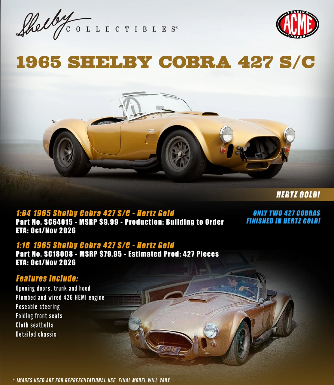 1/64 Shelby Collectibles 1965 Shelby Cobra 427 S/C (Hertz Gold) Diecast Car Model