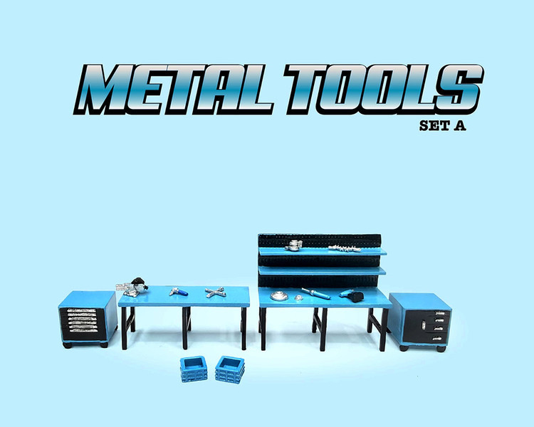 "Metal Tools" Set A Blue of 14 Pieces Limited Edition for 1/64 Scale Models by American Diorama