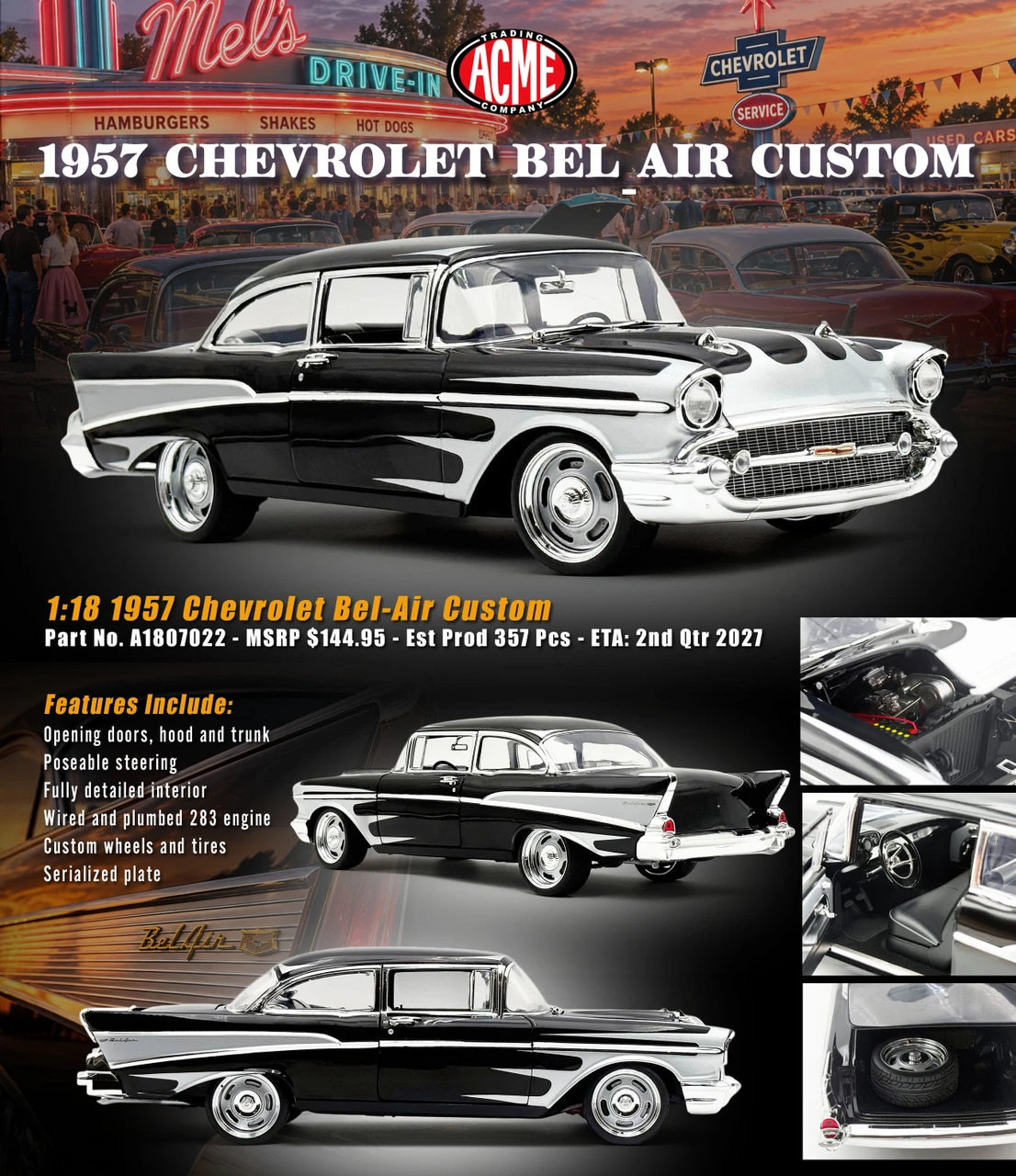 1/18 ACME 1957 Chevrolet Bel Air (Black & Silver) Diecast Car Model
